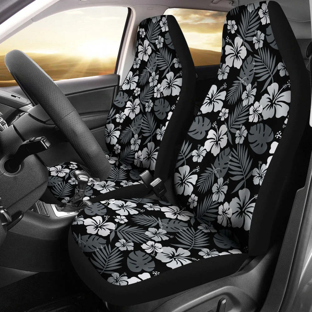

Black With Hibiscus Pattern In Gray and White Car Seat Covers Hawaiian,Pack of 2 Universal Front Seat Protective Cover