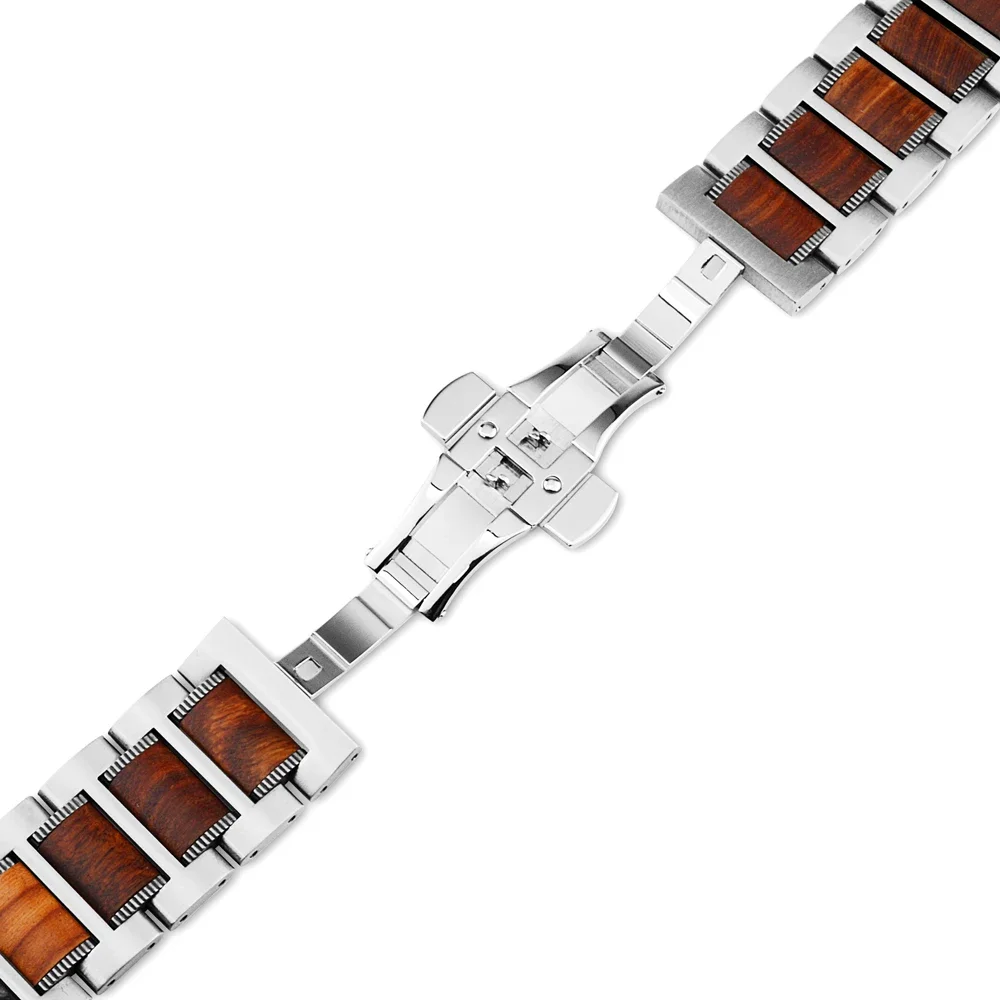 Elegant 22mm Metal and Rosewood Stainless Steel Watch Bracelet Strap