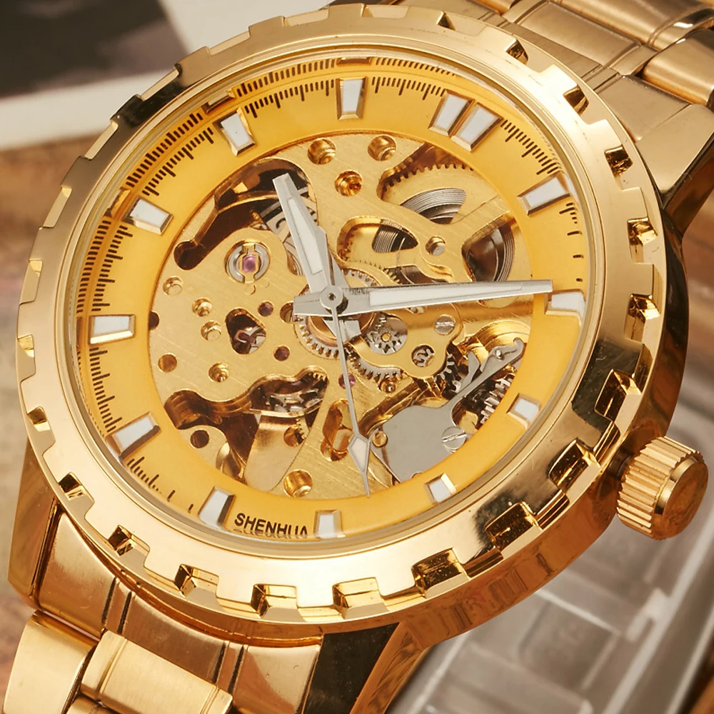Golden Automatic Mechanical Men WATCH MAN Skeleton Hollow Military Wrist Watches Stainless Steel Waterproof Self Wind Male Clock