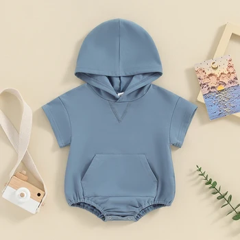 Newborn Baby Boy Girl Solid Color Hooded Bodysuit Oversized Short Sleeve Bubble Jumpsuit Summer Clothes 2