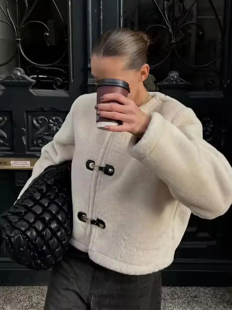 HH Autumn Women Fashion Faux Lamb Wool Short Coat O Neck Long Sleeve Jacket Woman Casual Solid Office Lady Chic Outerwear Tops