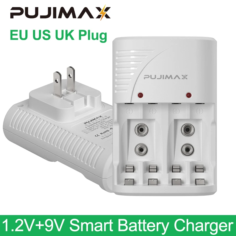PUJIMAX-4 슬롯 벽 스마트 배터리 충전기, 9V 충전식 배터리 및 1.2V AA/AAA 충전 충전식 배터리 영국 미국 EU 플러그