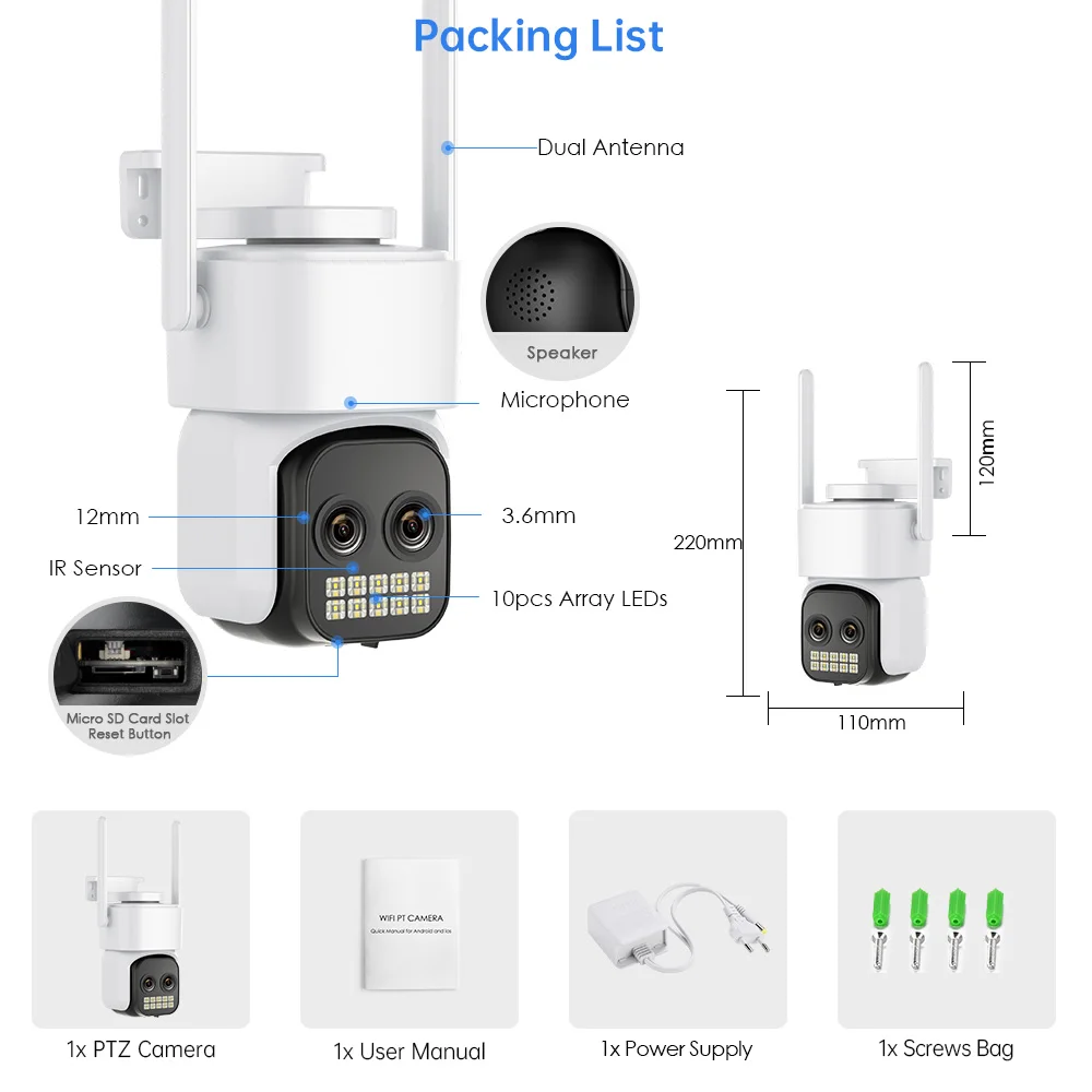 10MP WiFi Camera PTZ Outdoor Dual Len Human Detection 8X Digital Zoom Two-Way Au