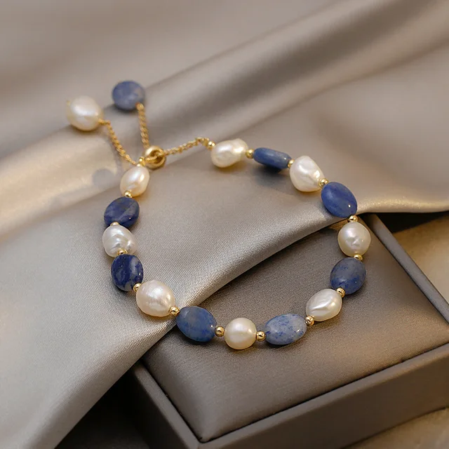 Trendy Blue Jade Stone ; Baroque Freshwater Pearl 14K Gold Filled Female Charm Bracelet Jewelry For Women Birthday Gifts