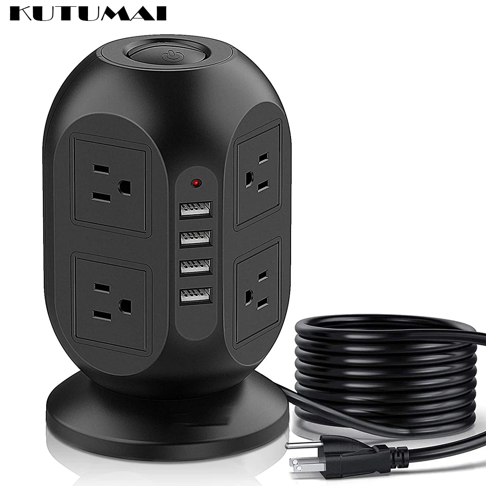 Power Strip Tower Surge Protector Black Extension Cord 2M With 8AC 4USB Ports Surge Protector Tower UK Plug USB Charging Station