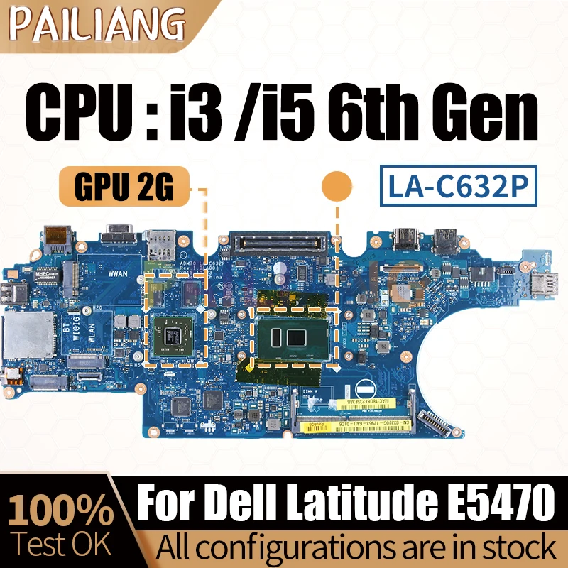Notebook Mainboard para Dell Latitude E5470 Laptop La-c632p 0xjj0g 0nr58r 0xj0g 0dn9pc 0nr58r i3 i5 6th Motherboard Completo Testado