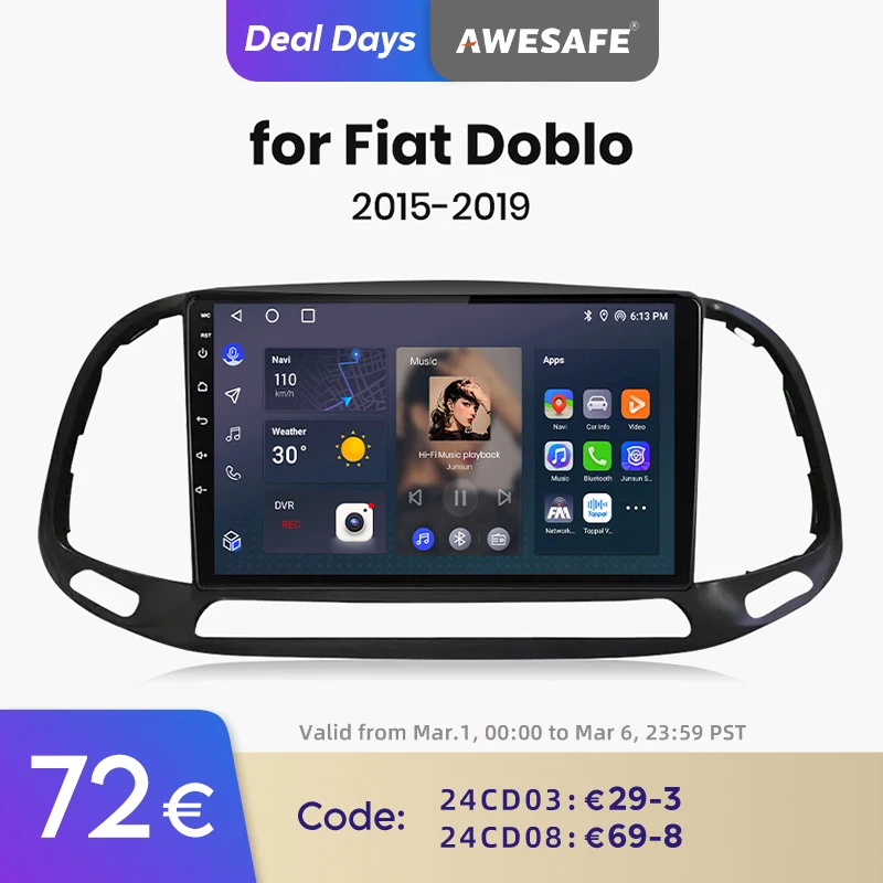 Awesafe Car Radio Multimedia Per Fiat Doblo 2015 - 2019 Ai Controllo Vocale Navigazione Gps Wireless Carplay Autoradio Wifi 2 + 64Gb