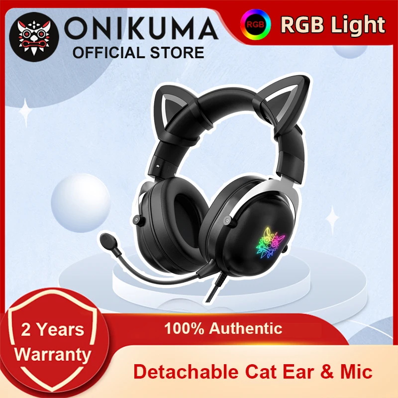 

ONIKUMA X11 Wired Headphones with Flexible Detachable HD Mic Cat Ear RGB Light 3.5mm Wide Compatible Gaming Headset for PC Gamer