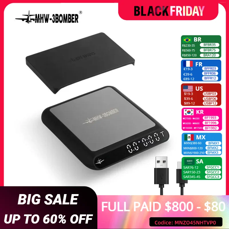 MHW-3BOMBER Smart Drip Espresso Coffee Scale with Auto Timer USB Charging Kitchen Electronic Scale Cafe Home Barista Accessories