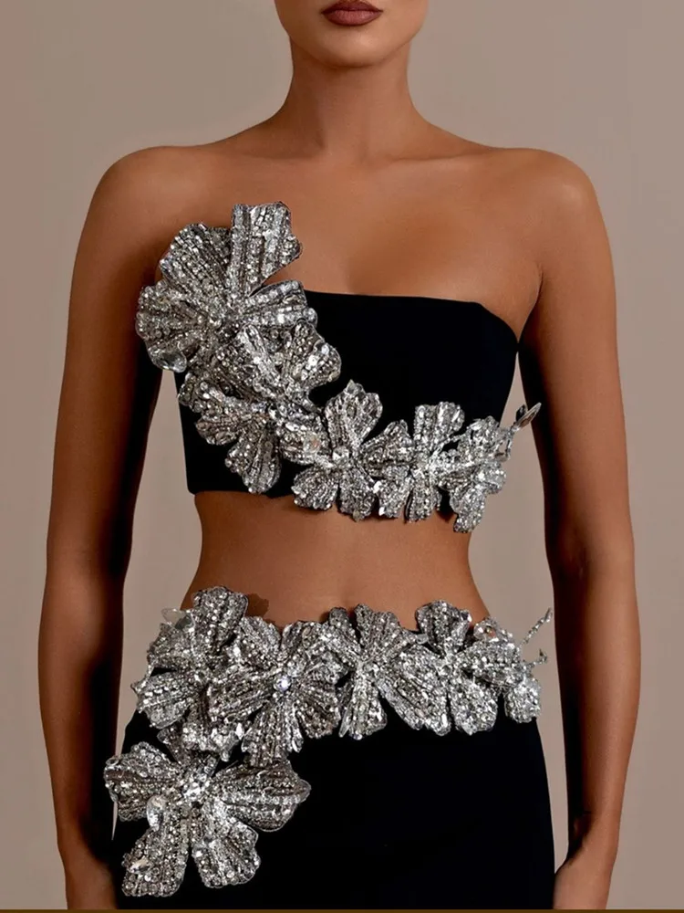 Women Sexy Strapless Flower Diamonds Crystal Black Maxi Long Bandage Skirt Set 2024 Knitted Elegant Evening Club Party Clothing 5