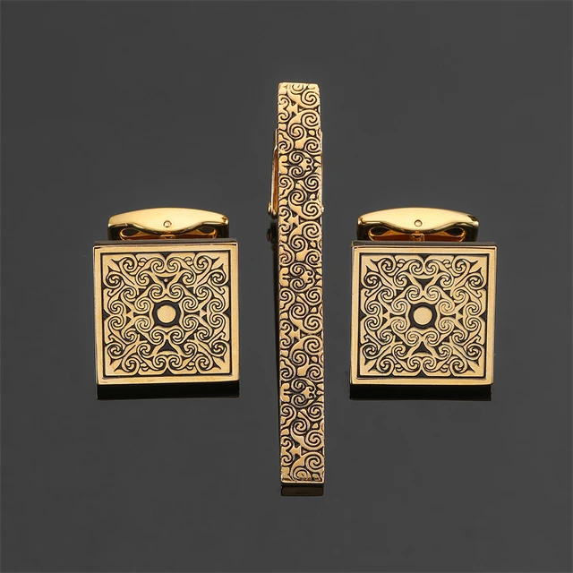 Classic men's French shirt cufflinks tie clip set high-quality metal love rose print clip cuffs buttons suit accessories jewelry