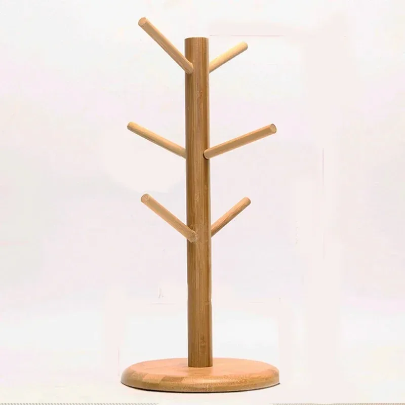Cup Storage Holder Tree Shape Wood Coffee Tea Cup Storage Holder Stand Mug Hanging Display Rack Drinkware Shelf 6 Hooks 1 Set
