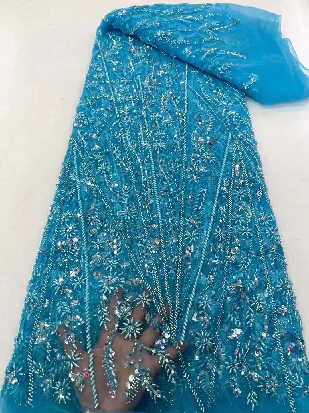 

African Heavy Beaded Lace Fabric 2023 High Quality Nigerian Sequins Beads French Tulle Lace Fabric Material For Wedding