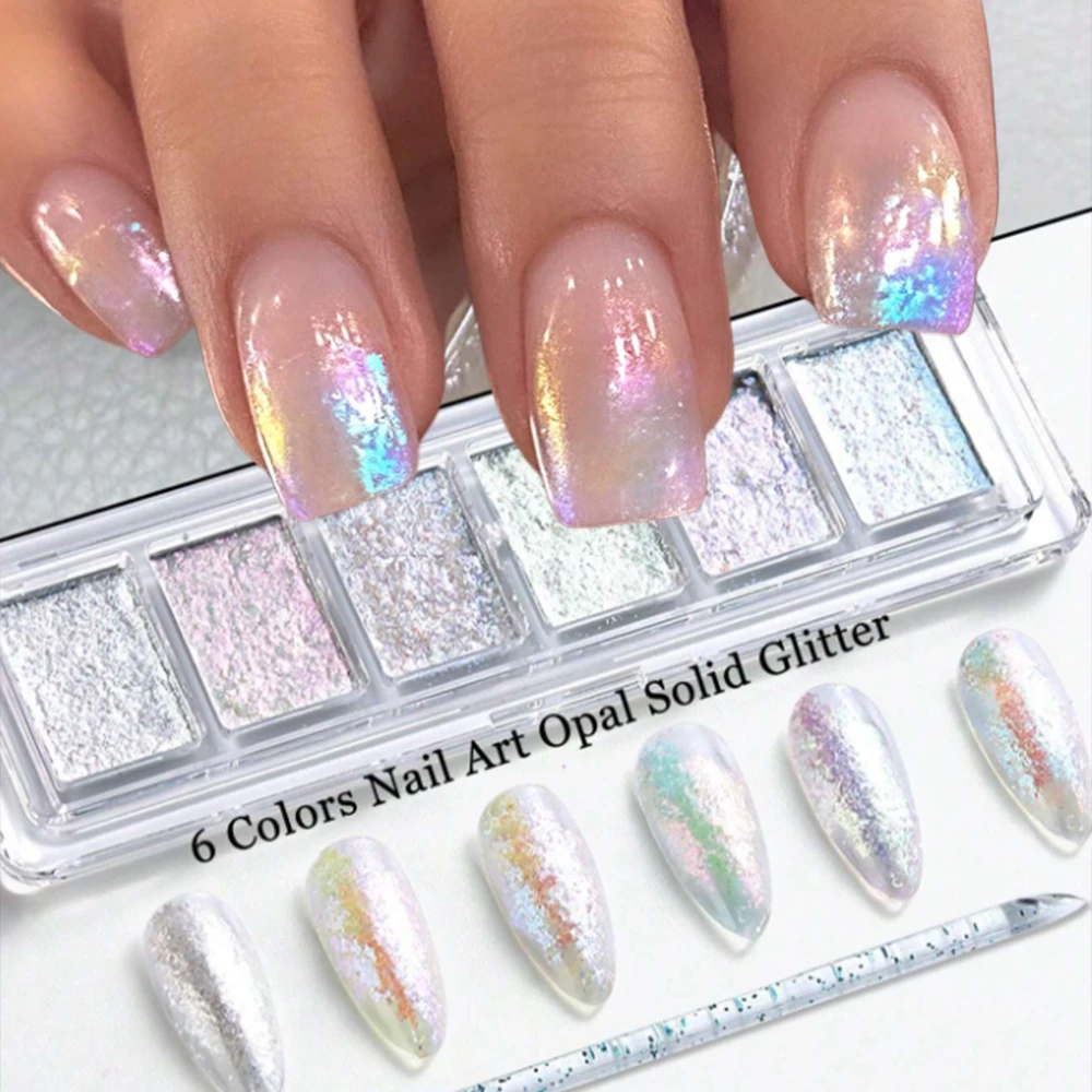 Solid Aurora Powder Palette for Nail Art Shimmering Pigment Opal Chrome Powder High Flash Rubbing Dust Manicure Supplies 6 Grids