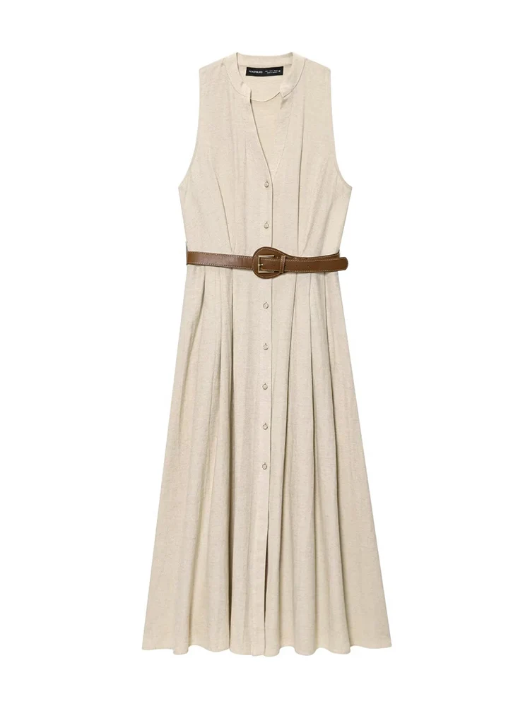 TFMLN Elegant Women's Dresses New 2025 Solid Sleeveless Midi Dress Belt Decoration Casual Fashionable Versatile Summer Outfit