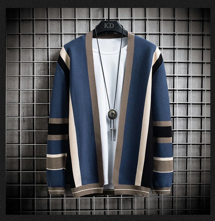 Description Picture 3 of itemStreetwear Fashion Contrast Color Striped Male Cardigan Korean Style Knitted Casual Luxury Men's Sweater Mens Designer Clothes