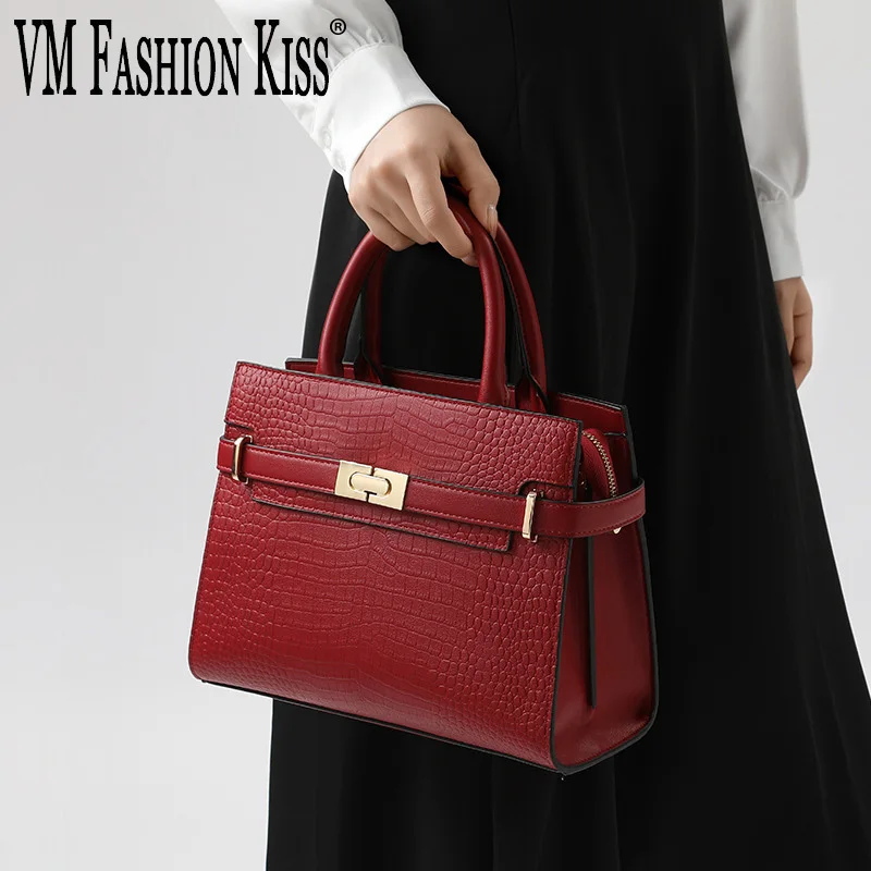 حقيبة يد نسائية أنيقة من الجلد الطبيعي من VM FASHION KISS، حقيبة كتف واحدة للعمل، حقائب فاخرة بنمط جلد التمساح
