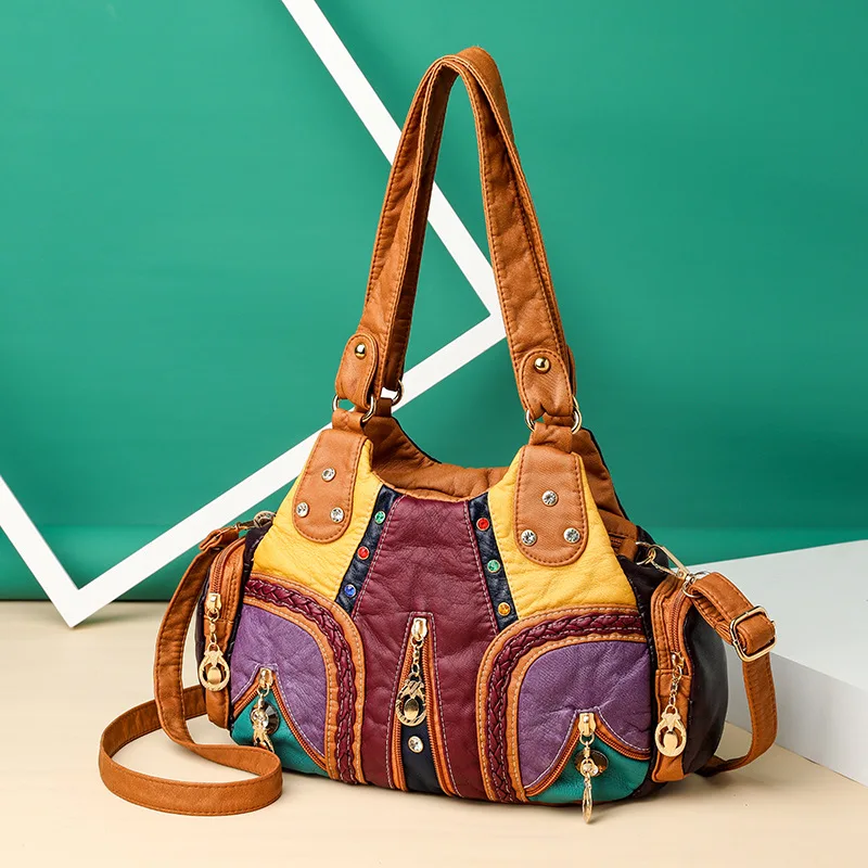 2024 Hot Trend Single Shoulder Crossbody Bag Color Splicing Large Capacity Multi-layer Washed Leather Middle-aged Bag Burst Bag
