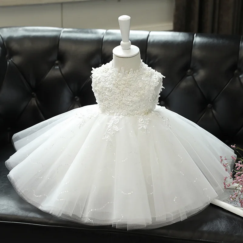 

White Flower Girl Dress for Wedding Sleevess Baby Girls Christmas Party Gown Beads Lace Infant Kid's 1st Year Birthday Baptism