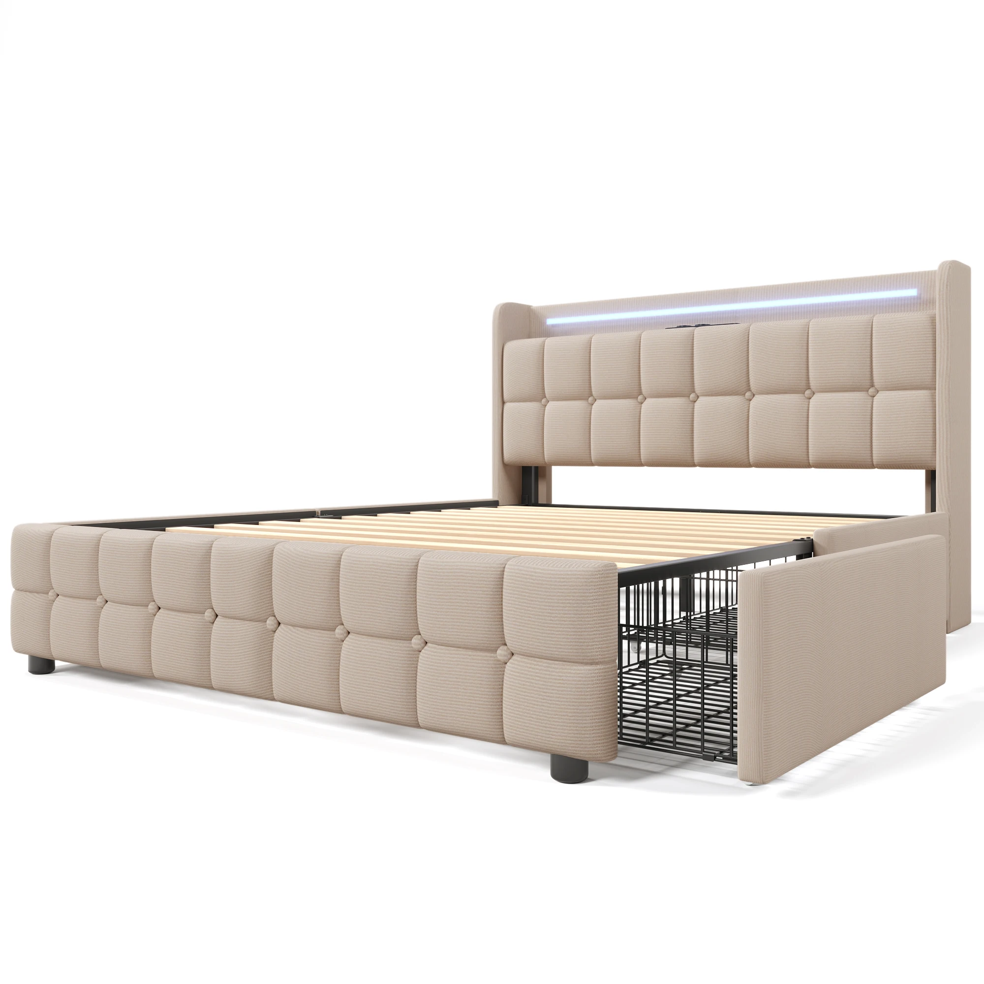 Gepolstertes Doppelbett 160x200cm mit USB-Ladefunktion, LED-Kopfteilbeleuchtung und 4 Aufbewahrungsschubladen. Beige, inklusive Matratze. – Detail 24