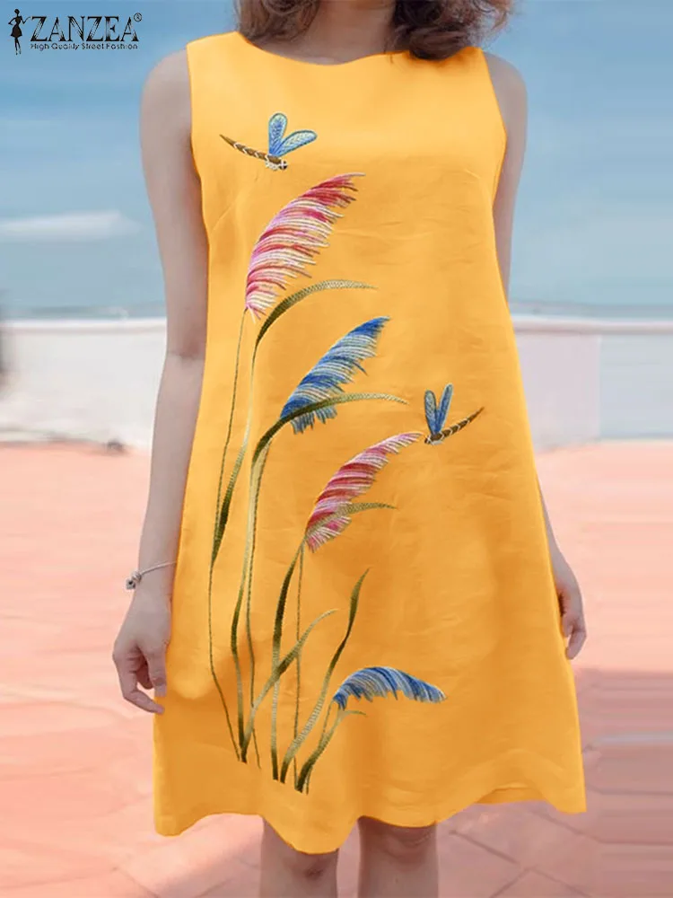 

2023 ZANZEA Women Summer Sundress Robe Femme Knee-length Vestido Bohemian Sleeveless Floral Printed Casual Beach Holiday Dress