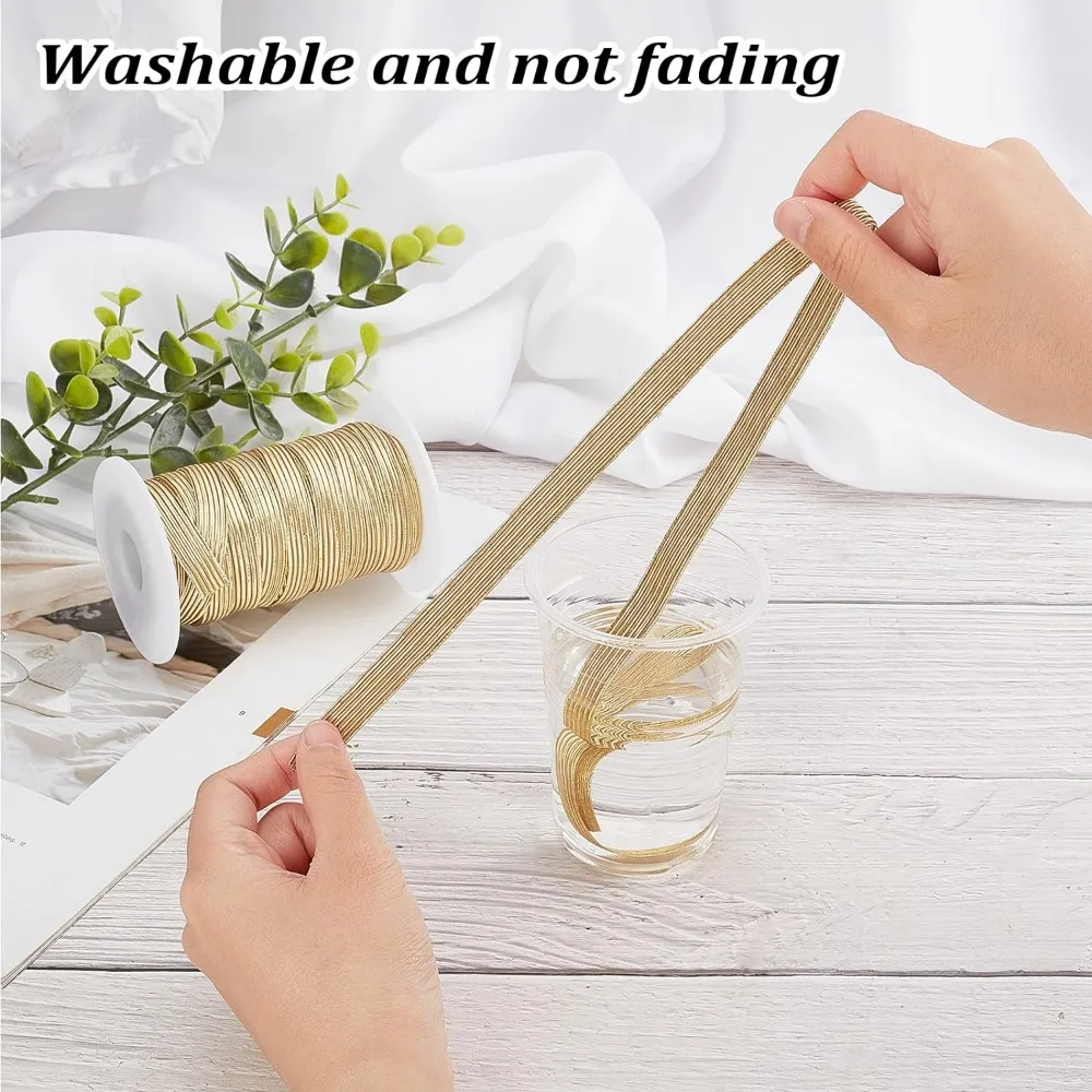 Gold Elastic Band Glitter Metallic Flat Elastic Strap Braided Band Stretch Ribbon 21.87 Yards 10mm Width