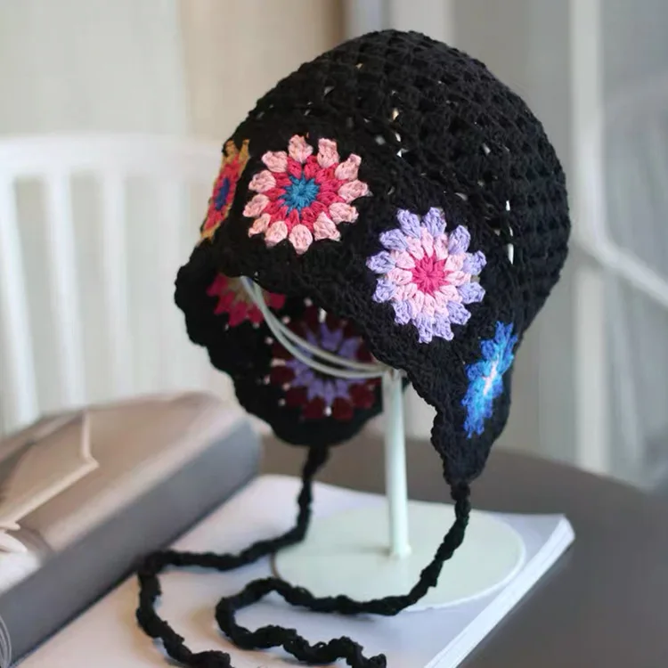 Women's Crochet Flower Beanie Hat Autumn Handmade Knitted Skullies Cap Female Hollow Beanies Cap Outdoor Foldable Sunscreen Hat 6