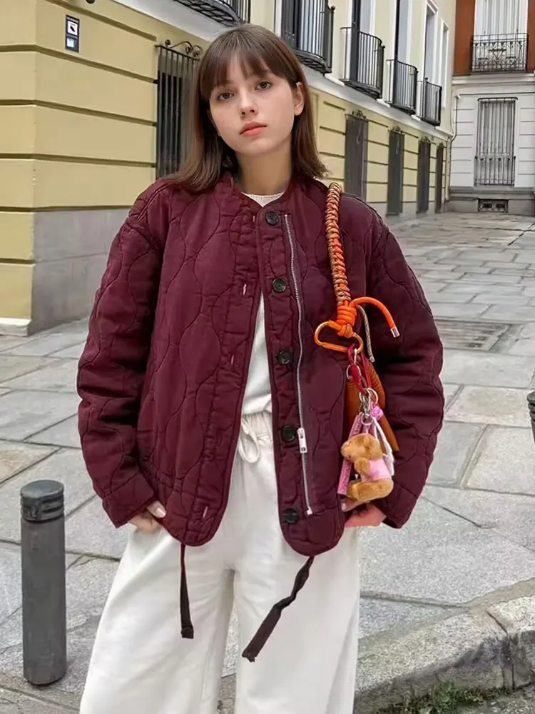 HH Women Vintage Solid Quilted Padded Coat O Neck Long Sleeve Zipper Jacket Autumn Winter Loose Casual Maternity Outwear