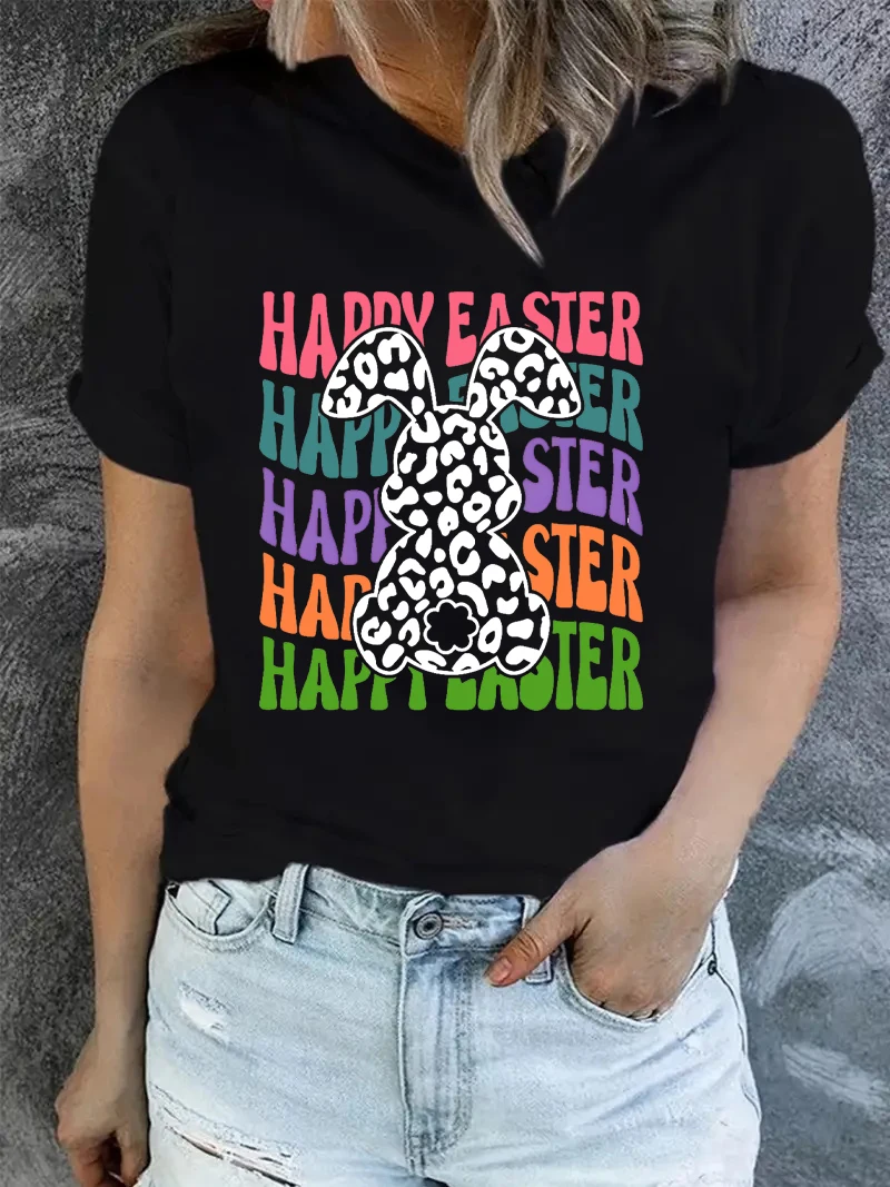 Camiseta con estampado de leopardo y conejo de pascua, Top de manga corta con cuello redondo, moda de verano, 2024