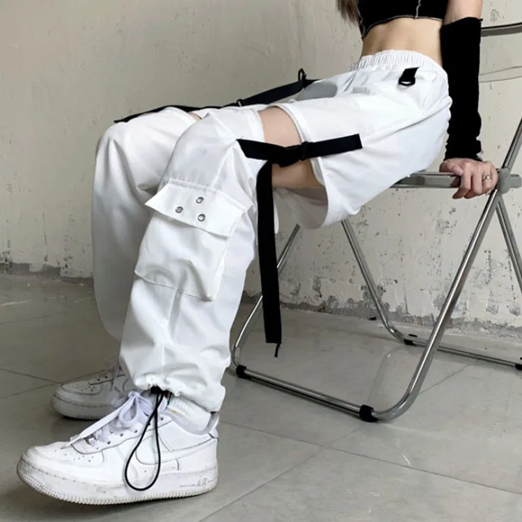 old navy capris White Streetwear Cargo Pants Women Y2k Harajuku Loose Patchwortk High Waist Trousers Casual Removable Techwear Korean bell bottom jeans