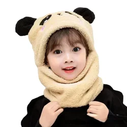 Children's Winter Cartoon Hat & Scarf Set - Plush Fleece Cap - M 5-7years (Khaki)