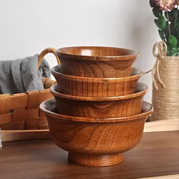 190/240/300/425/475ml Wooden Bowl Reusable Round Thickened Anti-scalding High-footed Mongolia Style Rice Bowl Kitchen Utensil 1