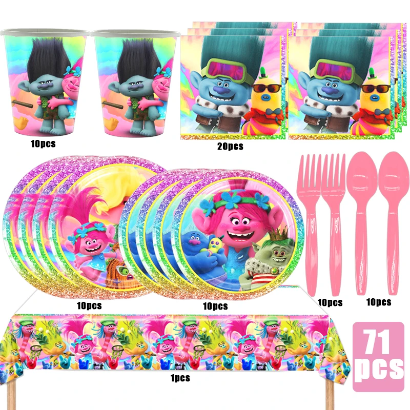 Trolls Theme Birthday Party Supplie Set Disposable Tableware Cup Plate Tablecloth Gift Bag Baby Shower Kid Girl Party Decoration