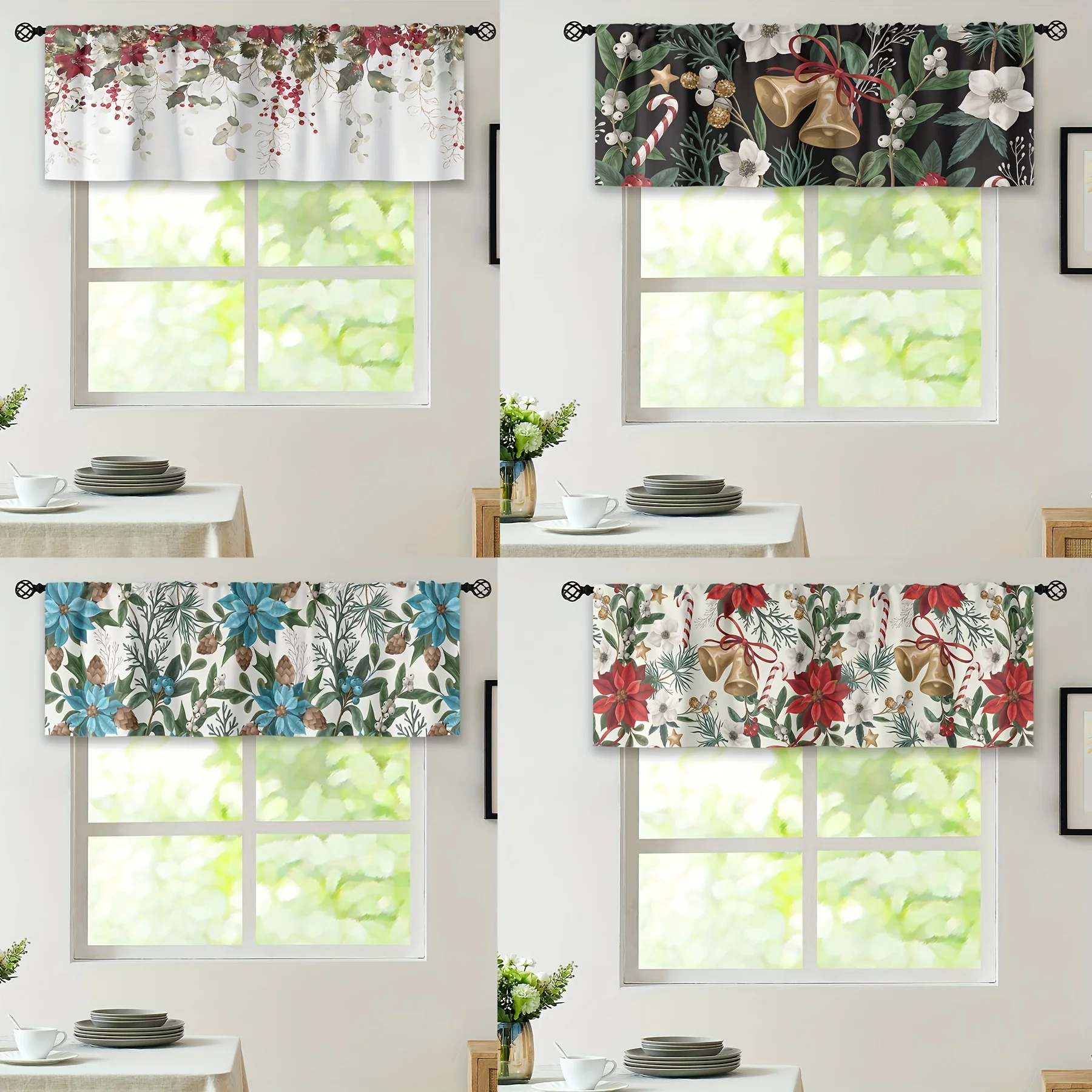 

1pc Christmas Curtain Valance Rod Pocket Xmas Flower Curtain Headd Window Treatment For Living Room Kitchen Cabinet Home Decor