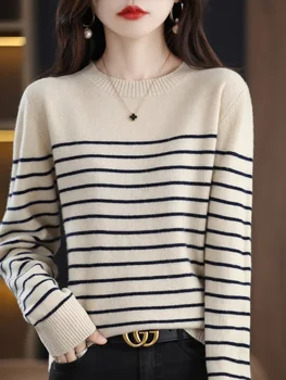 ملابس تريك نسائية مخططة برقبة دائرية ، كم طويل ، سترات فضفاضة ، توبات نسائية غير رسمية ، طراز كوري ، خريف ، شتاء ، جديد