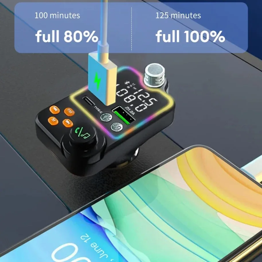 VIKEFON Bluetooth Quick Charger Car Cigarette Lighter Call Hands-free EQ Atmosphere Light MP3 Player FM Transmitter Charger