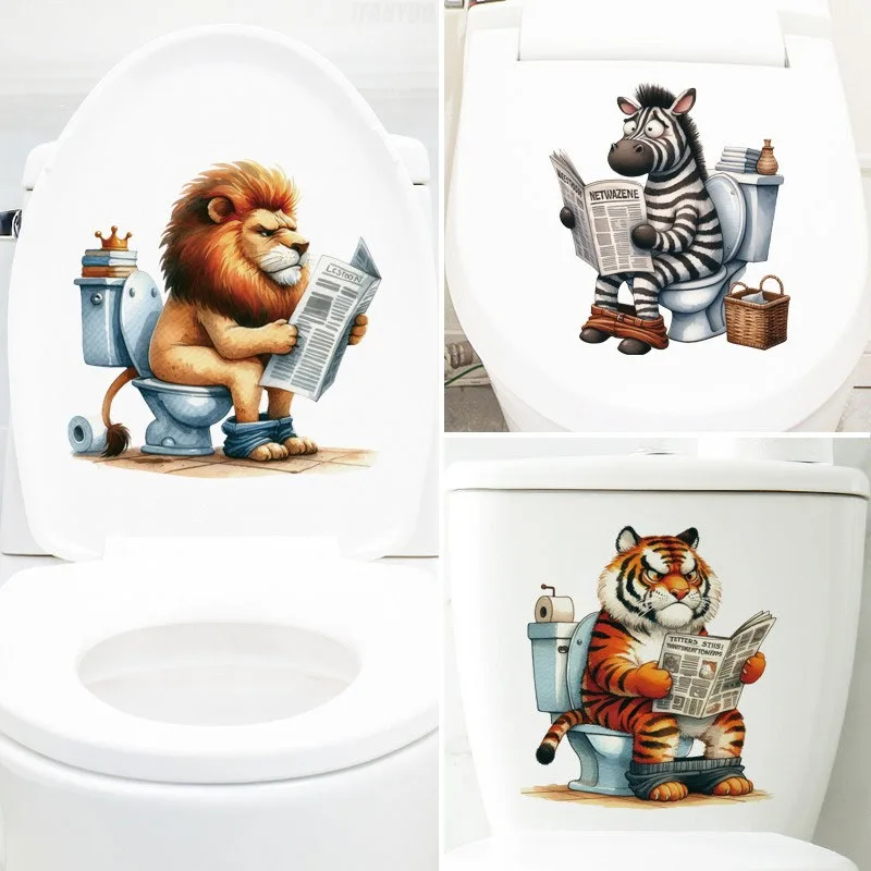 Cartoon Animals Reading Toilet Stickers Lion Tiger Zebra Chicken Pattern Waterproof Self-adhesive Bathroom Decal Home Decoration vinyl stickers toilet stickers toilet wall stickers