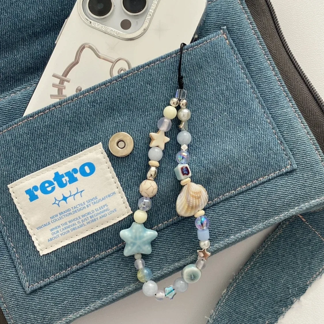 INS Blue Star Seashell Beaded Phone Strap Cute Charm Chain Woman Girl Mobile Phone Case DIY Pendant