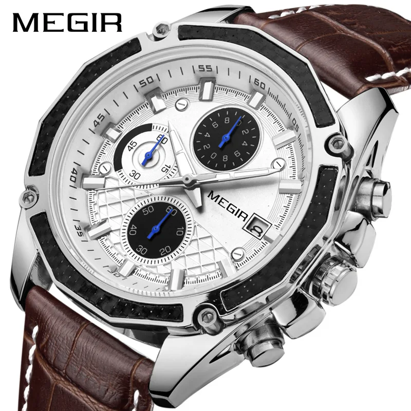 

MEGIR Men Waterproof Chronograph Military Male Clock Luxury Brown Genuine Leather Man Sport Wristwatch Мужские кварцевые часы