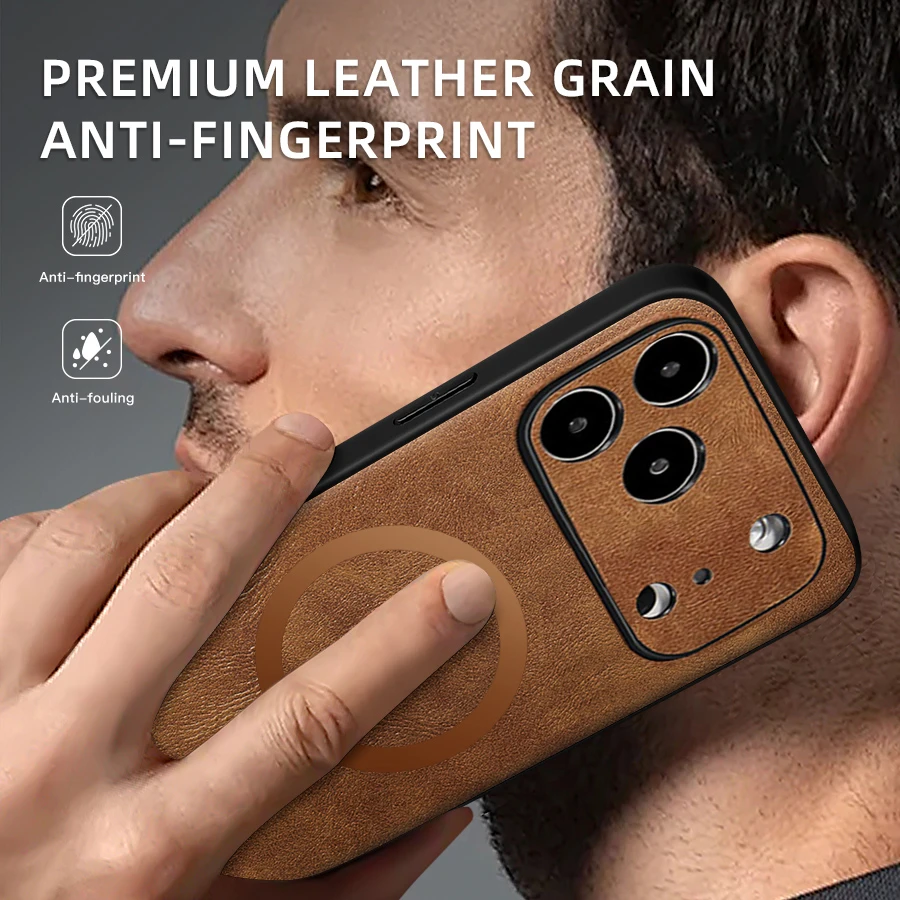 Luxury Textured Leather Phone Case with Wireless Charging & Magnetic Cover