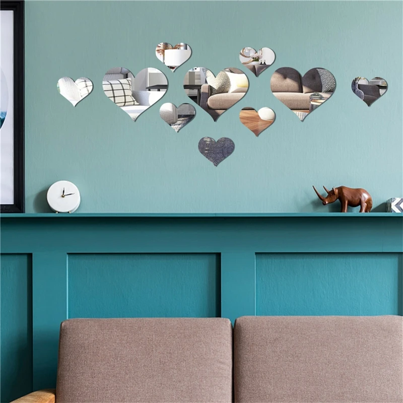 10pcs 3D Mirror Wall Sticker Love Hearts Acrylic Self Adhesive Tile Decals Removable DIY Home Decor Art Mirr