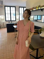 plus Size Women's V-Ne Dr Summer Loose Meat Concealing Pleated A-Line Long Skirt Casual Korean Sle Fro for Pear aped - Image 2
