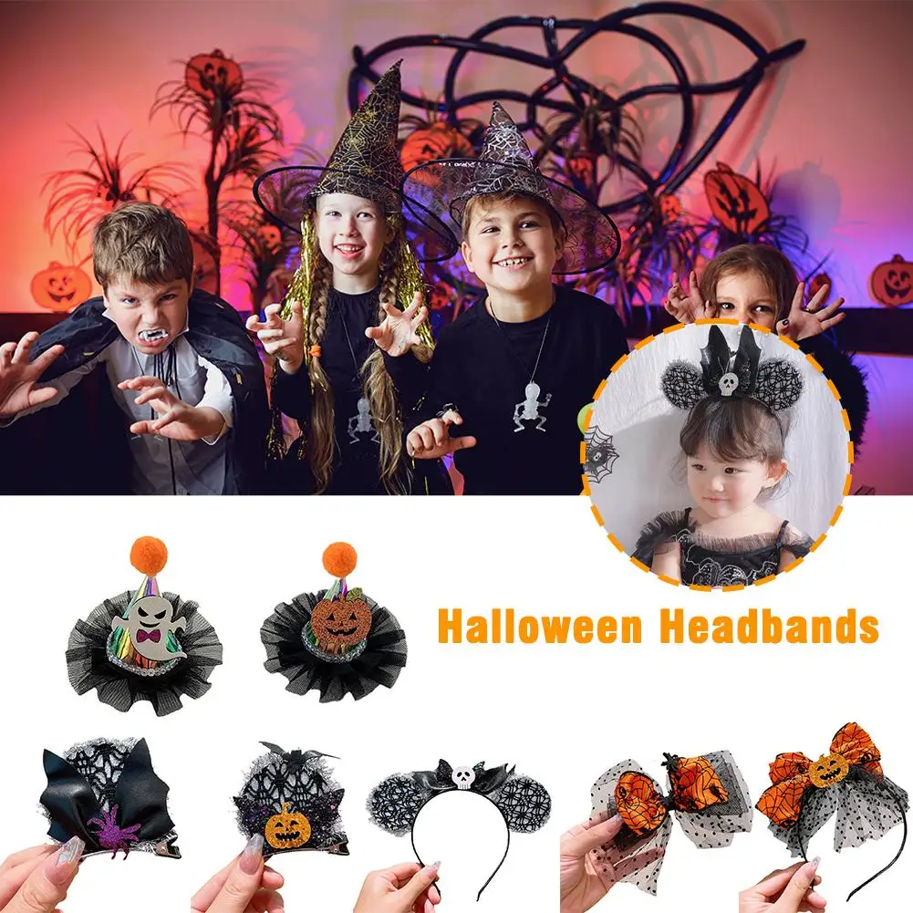 

Halloween Headbands Pumpkin Party Bowknot Mesh Hair Head Web Witch Halloween Spider Clip Clip Accessories Hairpin Hat Skull P0F6