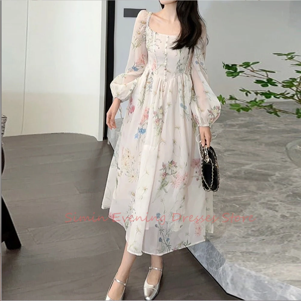 

Square Neckline Pleats Flower Chiffon Simple Long-Sleeves Tea-Length Saudi Arab Evening Elegant Party dresses for women 2024