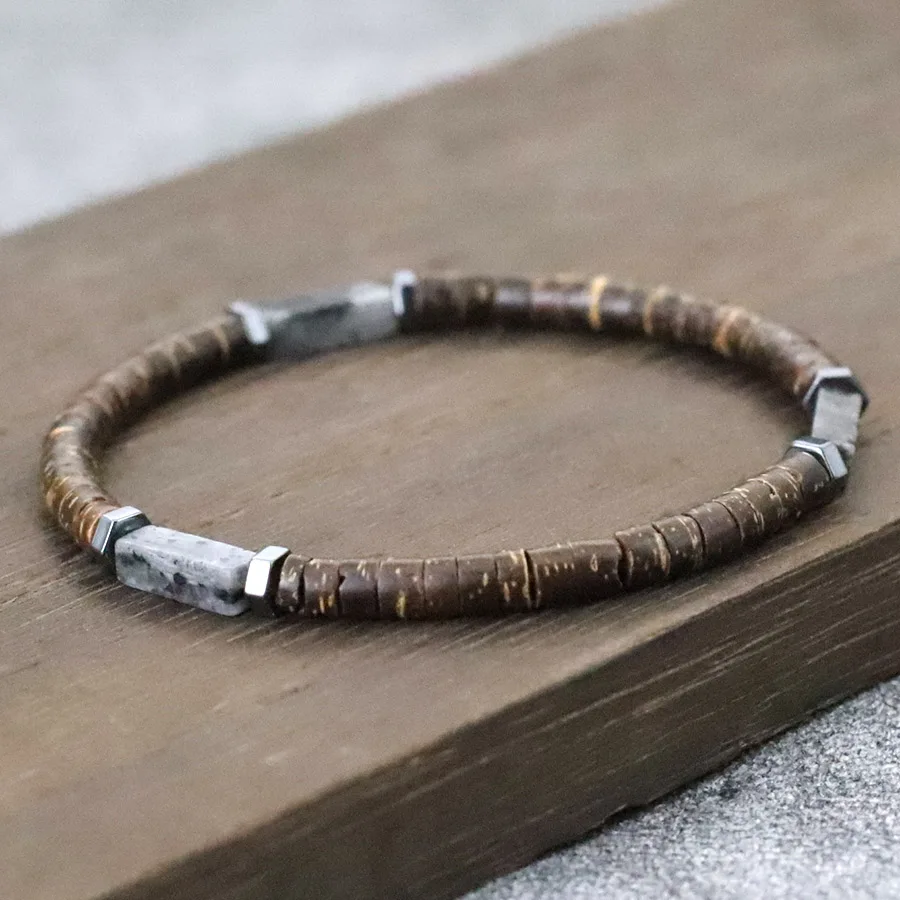 Coconut Husk Tiger Eyes Gemstone Stretch Beaded Bracelet for Men