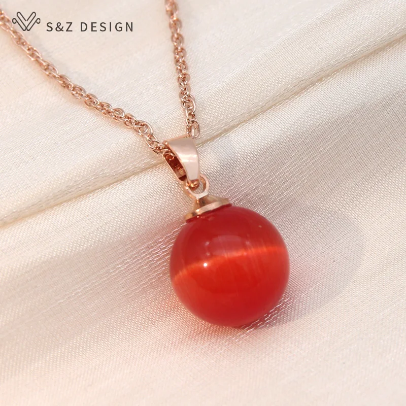 S&Z DESIGN New Fashion 585 Rose Gold Color Round Opals Cat's Eye Beads Pendant Necklace For Women Wedding Party Trendy Jewelry