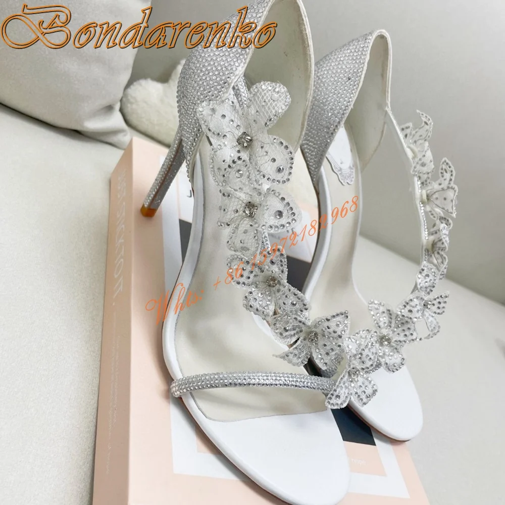 

Rhinestone Flower Straps Sandals Open Toe Summer New Shoes Stiletto Heels Slip on Studded Solid Sandals Crystal Designer Shoes
