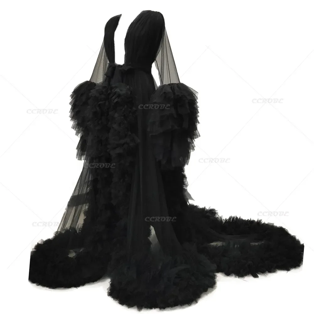 

Black Dressing Gown Open Front Ruffle Tulle Bridal Robe Long Puffy Perspective Sheer Nightgown Sleepwear Wedding Maternity Dress