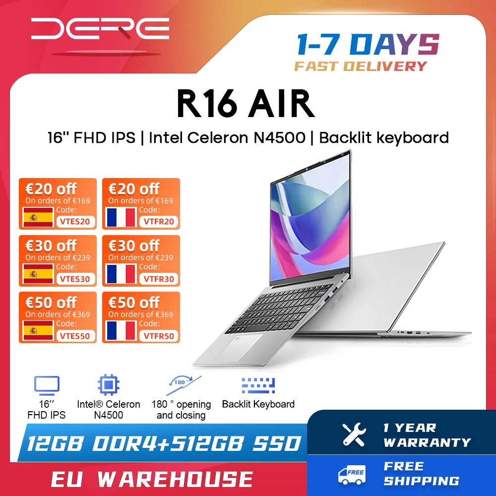 Dere Laptop R16 Air 16 Pollici Ips Full Hd Intel Celeron N4500 12Gb + 512Gb Ssd Gaming Office Learning Laptop Windows 11 Notebook