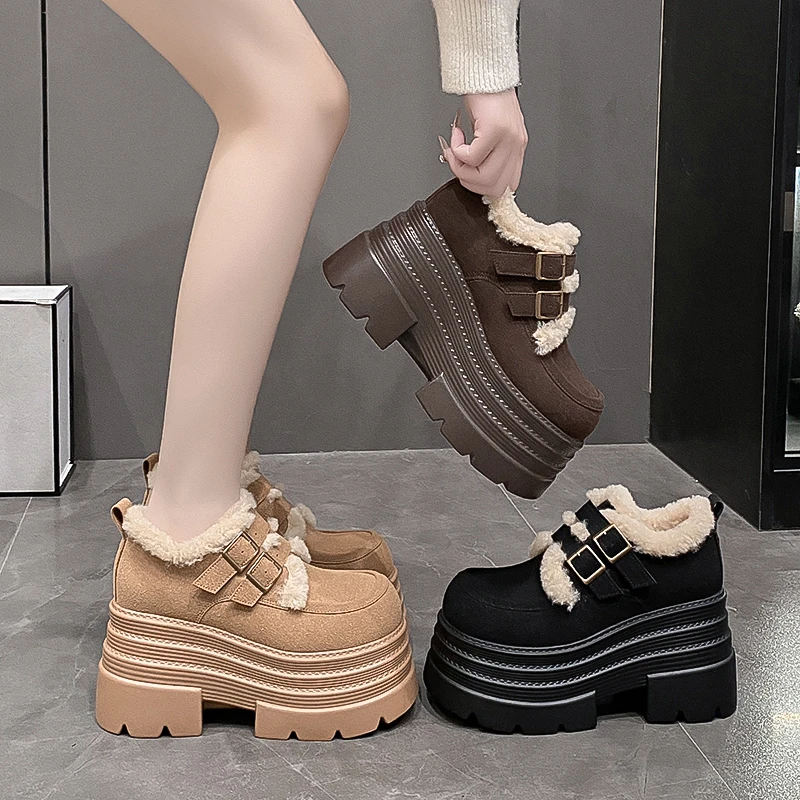 Aphixta Women 10cm Platform Winter Boots Camel Hook Loop Furry Warm Women Shoes Thick Botton Sole Boot Cow Suede Casual Footwear